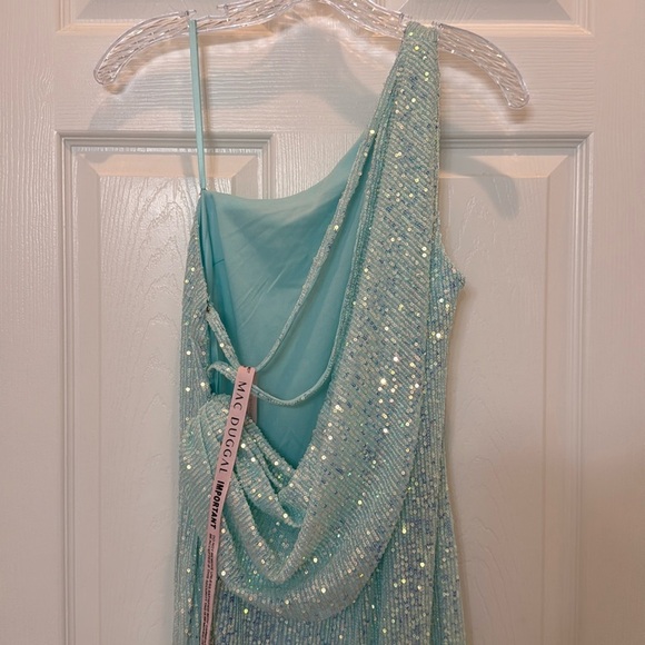 NWT Ieena for Mac Duggal 26990 Blue Sequined One Shoulder Draped Back Gown Sz 4 - Picture 8 of 11